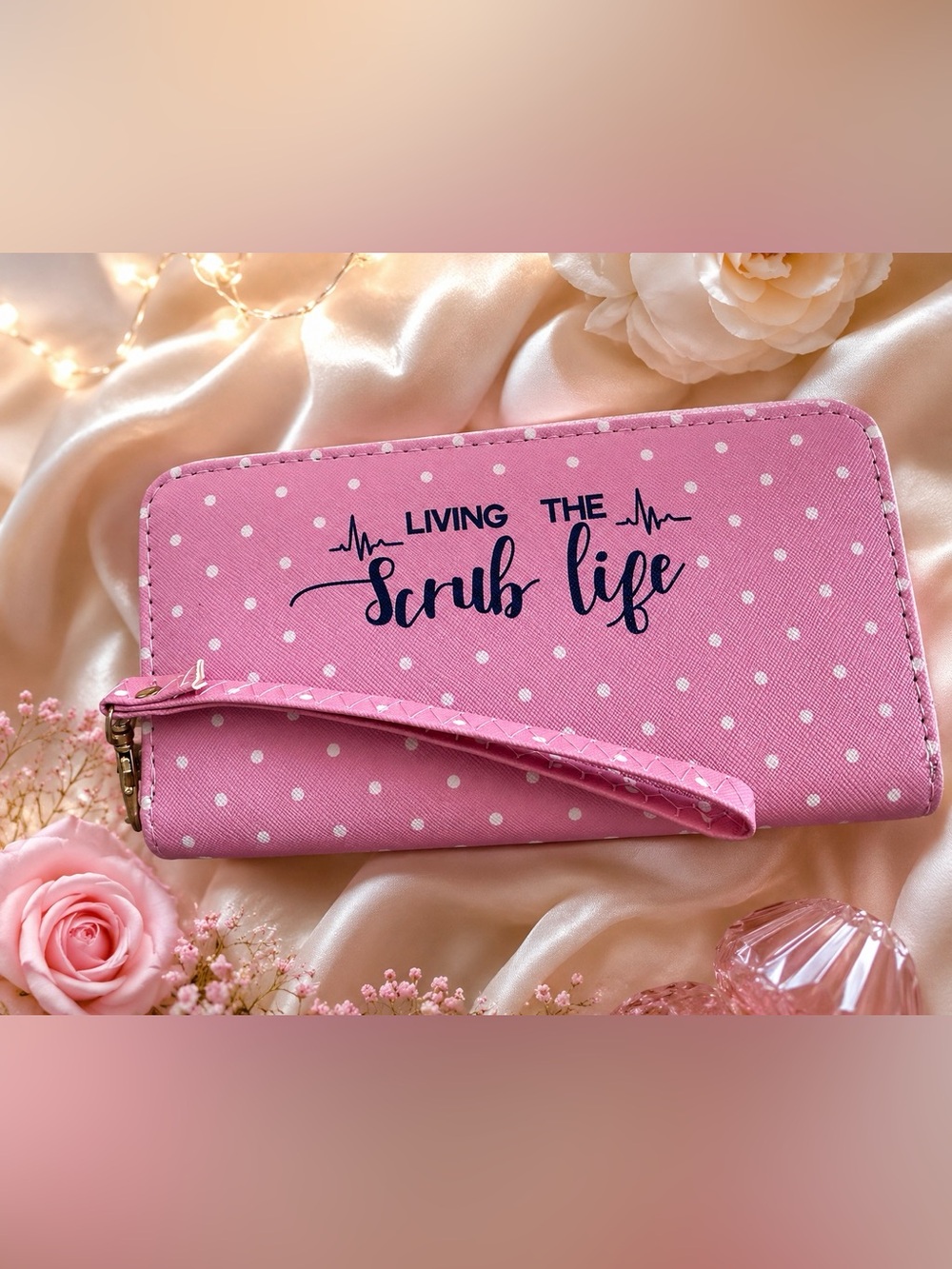 Living the Scrub Life Pink Polka Dot Wristlet Wallet